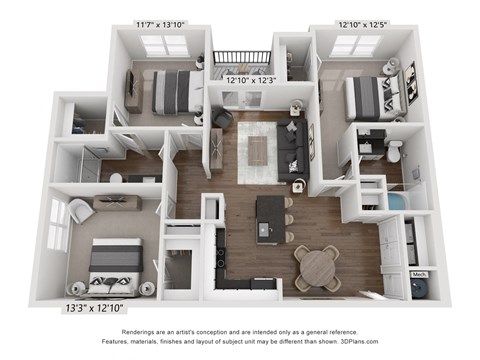 Floor plan for 3 beds, 2 baths, 1291 sqft